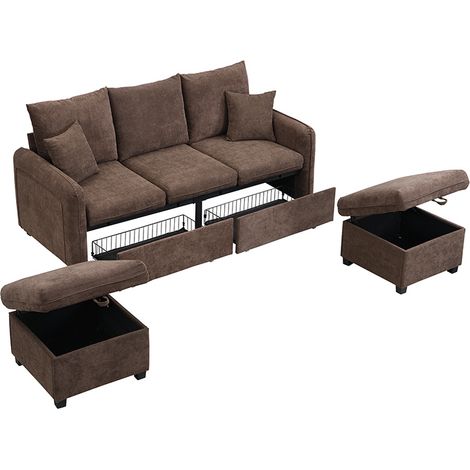 Canapé d'angle convertible U 3 places avec rangements, 2 poufs coffres et 2 coussins, tissu effet velours marron antique - CHICFURN (1/5)