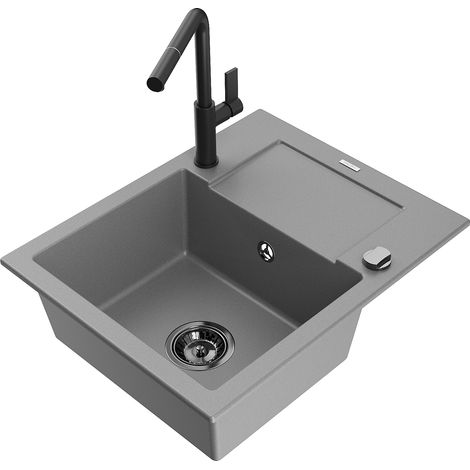 Mexen Enzo évier de cuisine 1-bac en granit avec égouttoir et robinet Flora, gris - 6506-71-670401-70-B (1/5)