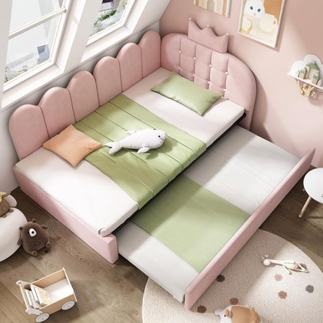 , Canapé-lit gigogne 90x200cm, lit d'appoint simple 90x190cm, forme en L, velours rose, motif à croisillons, design mignon et élégant, gain de place pour chambres d'enfants ou chambres d'amis...