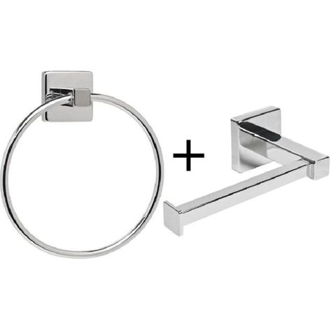 Lot de 2 supports en inox pour rouleaux de papier toilette et essuie-mains, avec anneau à serviettes, fixation murale résistante, finition acier brossé, accessoire salle de bain moderne. (1/4)