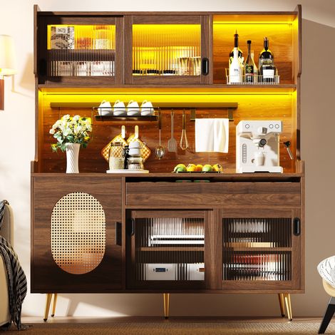 Meuble de rangement, meuble de cuisine, 145 x 39 x 171 cm, 5 portes, avec bandeau LED et étagères de rangement, portes en verre dépoli, marron