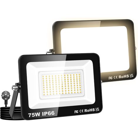 2PCS Projecteurs LED Extérieur Avec Prise, Spot LED 75W 7500LM, 3500K Blanc Chaud, IP66 Etanche Eclairage Lumière de Sécurité pour Jardin Patio Garage Terrasse Maison