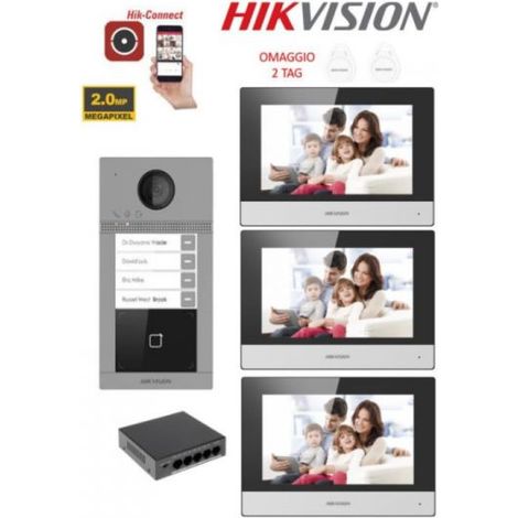 Kit Videocitofono Hik Vision Villa Trifamiliare 4 Bussate 3 Monitor Ip Poe App