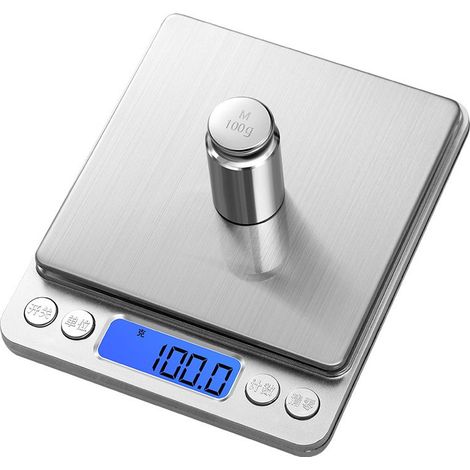 Kleine elektronische Waage, 3 kg/0,1 g, 6,6 lbs, Küchenwaage mit blau hinterleuchtetem LCD-Bildschirm, 6 Stück, Batterien enthalten. (1/5)