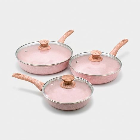 3-teiliges antihaftbeschichtetes Pfannenset aus Aluminium in Rosengranitoptik Stonerose (1/3)