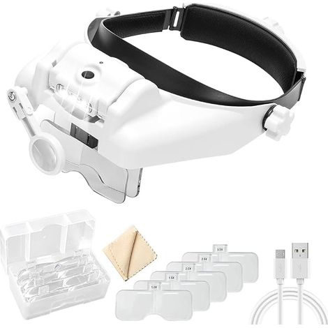 Magnifying Glasses Headband with 3LED Light for Reading All Precision Works, Repairs, Sewing, Jewellery, Watches and Crafts, Interchangeable 5 Lenses 1.0X to 3.5X (1/5)