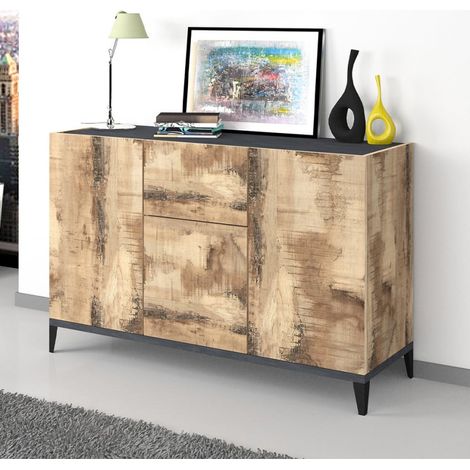 Meuble TV moderne noir et bois 4 placards 3 portes 200cm Corona Low Cyt (1/5)