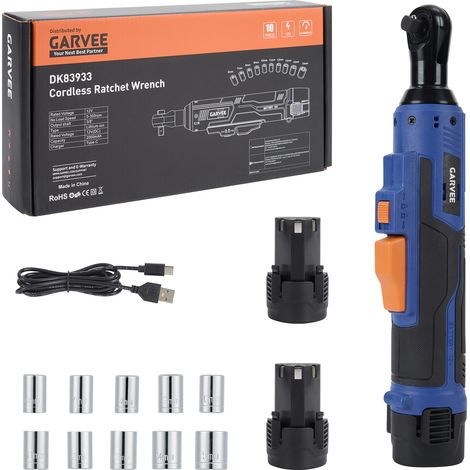 Clé à cliquet sans fil 3/8" 21V Max – Couple élevé 45 N·m, vitesse ajustable jusqu'à 300 tr/min, éclairage LED, 2 batteries 2,0 Ah, câble USB, jeu de 10 douilles
