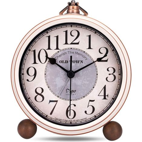 Despertador vintage sin tictac, de metal beige, clásico, retro, elegante, silencioso, decorativo, para mesita de noche, dormitorio, oficina, 13,5 cm. (1/4)