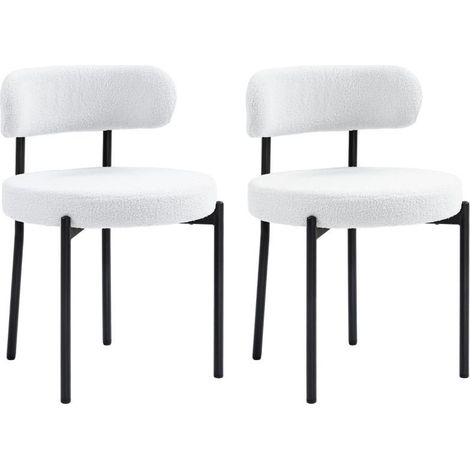 Set de 2 sillas de comedor, acolchado polar, asientos tapizados y patas metálicas, blanco crema (1/5)