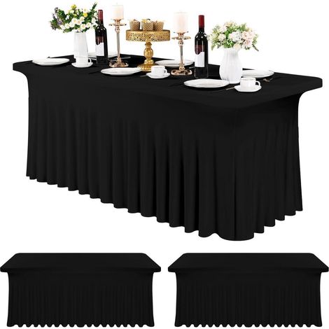 Lot de 3 jupes de table en spandex 183x76cm Noir, infroissable, pour tables de banquet et de salon