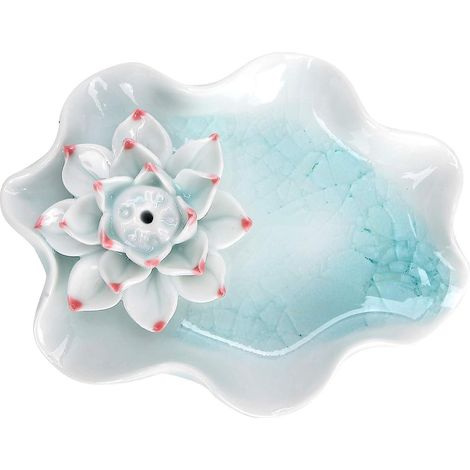 Keramischer Räucherstäbchenhalter in Form einer Lotusblume, verziert mit einem krakelierten Blumenmuster – Hellblau (1/5)