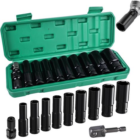 Lot de 11 douilles hexagonales 10-24 mm, 1/2" avec 2 adaptateurs de douille, jeu de douilles à percussion pour perceuses électriques et pneumatiques (1/5)