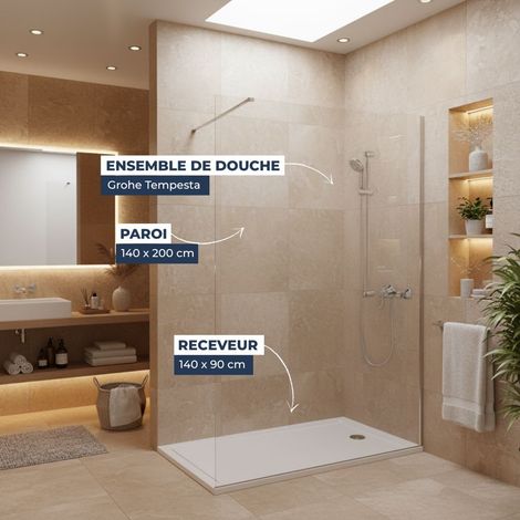 Dusch-Komplettset – Walk-In Duschwand 140x200 Chrom + Grohe Tempesta 3 Strahlarten + Gussmarmor-Duschwanne Weiß 140x90