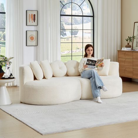 Canapé modulable 2 pièces en chenille blanc crème, design incurvé en forme de noix de cajou, dossier continu avec ensemble de 6 coussins (formes variées), canapé confortable et sans angles vifs pour l (1/5)
