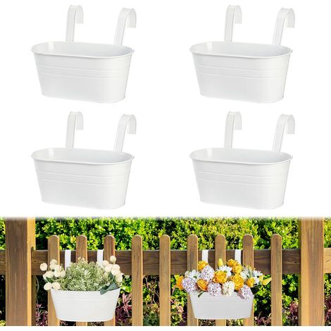 4 Pièces (Blanc) Pots de Fleurs à Suspendre en Métal, Grandes Pot Suspendu, Jardiniere Balcon 27 cm, avec Trou de Drainage, pour Clôture de Balcon, Décoration de Jardin, Clôture Murale