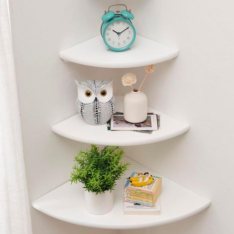 Lot de 3 Étagère d'angle en chêne, Extrémité arrondie, Bois massif, Pour salon et salle de bain