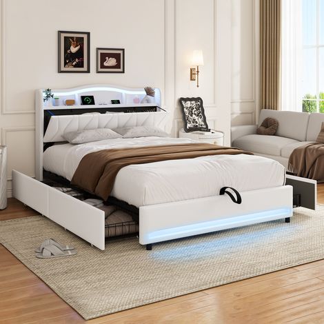 Lit Double capitonné 140 x 200 cm en Velours Beige, Tête de Lit avec Rangement et LED RGB, 4 Tiroirs à Roulettes, Ports USB/Type-C