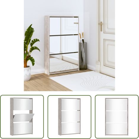 The Living Store Armoire à chaussures miroir 3 niveaux Gris béton 63x17x102,5 cm - Meuble Chaussure - Rangements Chaussures - Étagère Chaussures - Armoire À Chaussures - Rangement Intérieur (1/5)