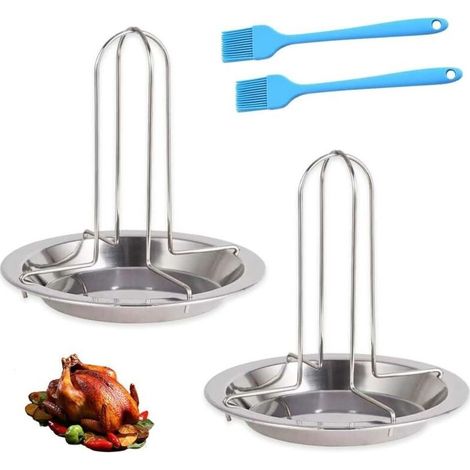 Ensemble de 2 rôtissoires à poulet pour barbecue, rôtissoire à poulet en acier inoxydable avec 2 pinceaux à huile, poêles antiadhésives pour rôtir le poulet et la dinde, pour la cuisson et le grillage (1/4)