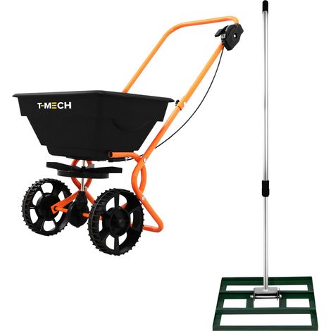Livella Prato 50cm & Spargitore Rotante Fertilizzante Giardino 25kg Manico Estendibile 1.15-1.9m Rastrello Ghiaia Semi Verde con Guanti e Copertura Antipioggia