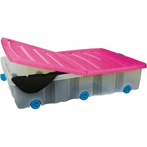 Spetebo – Coffre de lit à roulettes XXL 80 x 60 x 17 cm – Capacité 55 litres – Corps transparent – Couvercle coloré avec fermeture à rabat