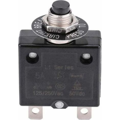 Disjoncteur 5 A, interrupteur thermique optionnel avec réarmement, 125-250 V CA, 50 V CC, protection contre les surintensités, disjoncteur à bouton-poussoir (1/5)