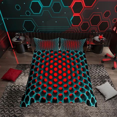 Bettwäsche-Set 135x200cm 3D Wabenmuster Teal Blau Rot für Jungen & Männer
