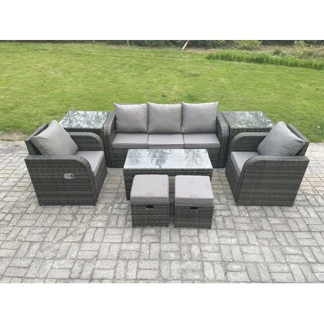 Fimous 7 places Salon de jardin avec Table basse rectangulaire 2 Tables d'appoint 2 Petits tabourets Ensemble de canapés en rotin (1/5)