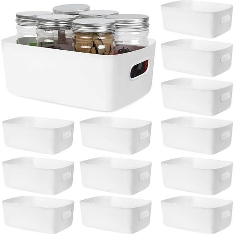 Lot de 12 boîtes de rangement en plastique avec poignées - Blanc - Pour cuisine, salle de bain, bureau, étagère en plastique - Armoire de cuisine - 24 x 16 x 9,5 cm (1/5)