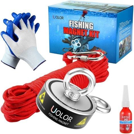 Aimant de Pêche Double Faces Super Puissant, Combiné 300Kg Extrêmement Traction Kit de Pêche Aimant Néodyme avec 20M Corde, Mousqueton, Gants, Freinfilet pour Pêche À L'aimant (1/5)