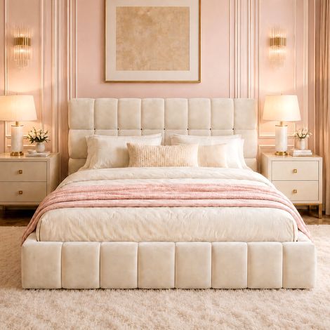 Lit double rembourré 140x190 cm avec tête de lit,épaisse côtés rembourrés et sommier à lattes Sans matelas Velours Beige (1/5)