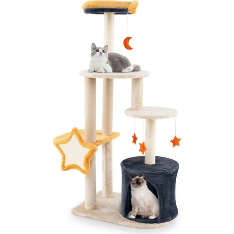 COSTWAY Tiragraffi per Gatti 128cm, Albero per Gatti da Interno, Torre Multi-Livello con Tiragraffi in Sisal, Gattiera, Piattaforma Superiore in Peluche e Giocattoli Appesi (1/5)
