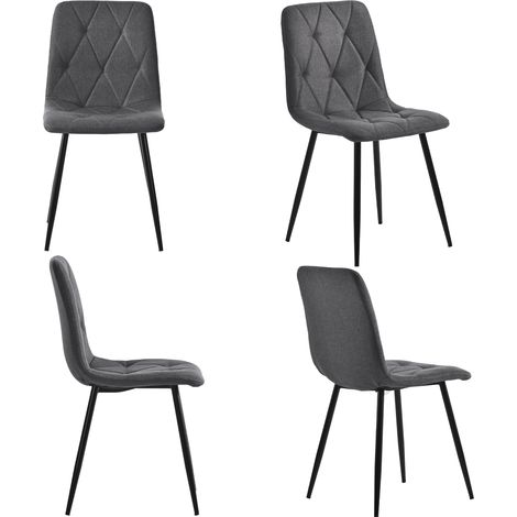 Chaises de salle à manger (lot de 4), gris foncé, lot de 4 chaises capitonnées chaises design, chaises de salle à manger en twill lin, chaises de cuisine avec dossier, assise en lin avec cadre en méta