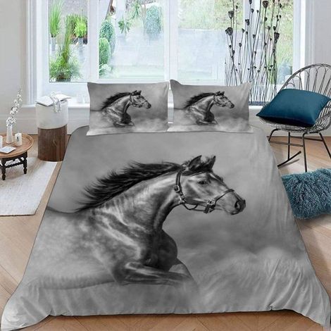 3D Microfibre Housse de Couette Cheval 240x260 cm 2 Personnes 3 Pièces Ultra Doux Cheval Noir Parure de Lit - MBM (1/5)