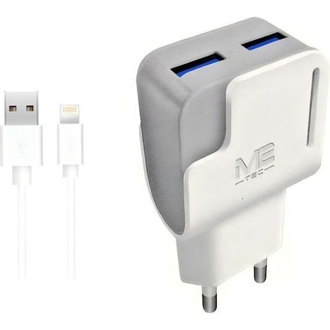 Chargeur USB Lightning - Chargeur double USB blanc avec câble USB Lightning de 100 cm - Compatible avec les téléphones et tablettes Android, Samsung et Huawei. (1/3)