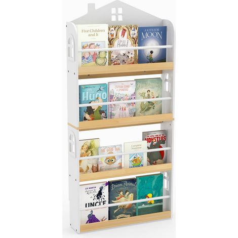 Pour ranger les livres des enfants, bibliothèque maison blanche avec 4 étagères ouvertes et barres anti-chute (1/5)