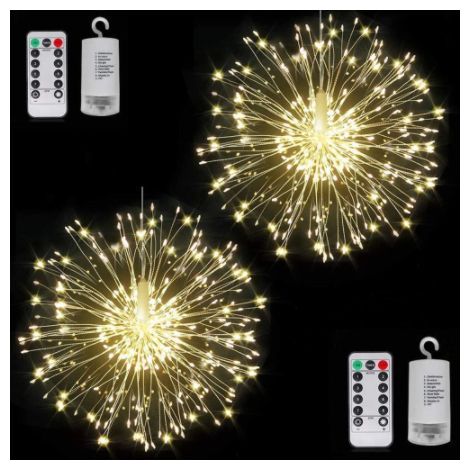 Guirlandes lumineusesPack de 2 feux d'artifice 180 LED fil de cuivre Starburst guirlandes lumineuses 8 modes guirlandes lumineuses à piles avec télécommande (blanc chaud) (1/5)