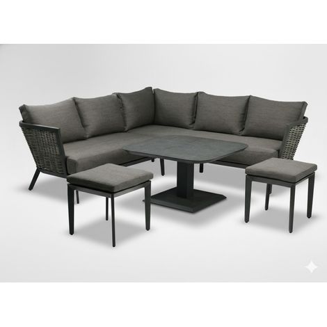 Gartenmöbel-Set VENTARO 7-teilig aus grauem Aluminium mit Ecksofa, verstellbarem Tisch und Hockern