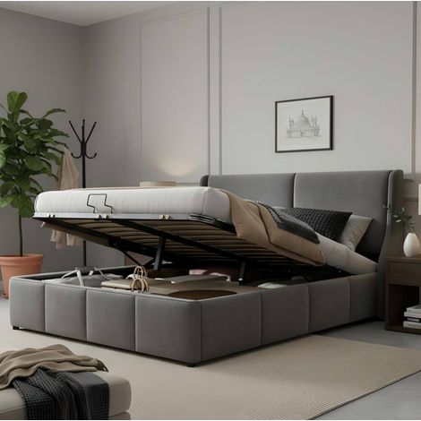 Cama doble con almacenamiento hidráulico gris OKMYHOME (1/5)