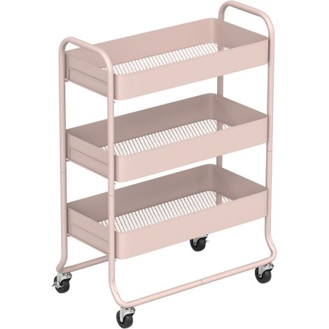 Light Pink 3-Tier Rolling Storage Cart with Mesh Baskets for Kitchen,Bathroom,and Bedroom Organization