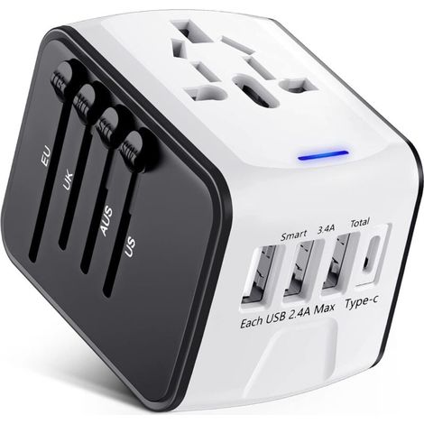 Reiseadapter, Universalsteckeradapter mit Typ C + 3 USB-Anschlüssen und AC-Steckdose, Multi-Country-Adapterstecker MNS (1/4)