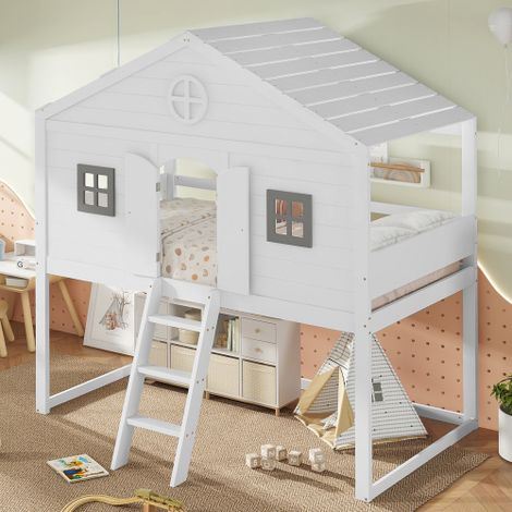 Lit mezzanine 90x200 cm avec escalier, garde-corps, 2 fenêtres grises, cadre en pin, sans matelas, blanc et gris