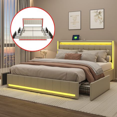 Doppelbett, 140 x 190 cm, mit LED und USB, Lattenrost und Kopfteil, gepolstertes Bett mit 4 Schubladen und viel Stauraum, Beige