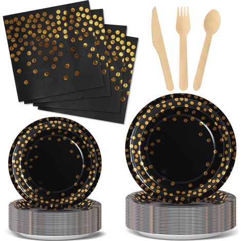Vaisselle Jetable Noir Or - 144 Pièces - Carton Et Bois - Pour 24 Invités - Anniversaire Et Fête (1/5)