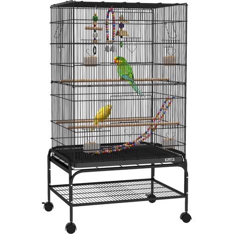 Gabbia per Uccelli con Area Gioco, Ruote, Vassoio Estraibile e Mensola, 64x45x110 cm, Nero
