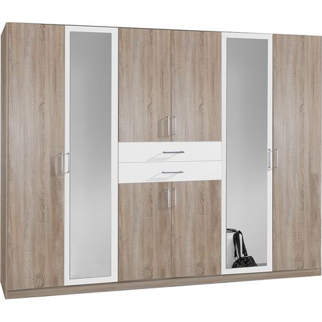 Armoire Placard, meuble de rangement avec 2 miroirs coloris Imitation chêne, blanc - Longueur 270 x Hauteur 208 x Profondeur 58 cm (1/3)