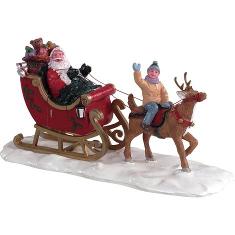 Slitta di Babbo Natale con renna e bambino figura per villaggio di Natale in poliresina (1/5)