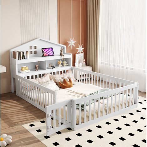 Lit enfant bois massif blanc 140x200 cm avec tête de lit rangement, barrière de sécurité et sommier inclus (1/5)