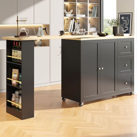 Bartischschrank mit 2 Türen 3 Schubladen und 3 Regalböden, 360° drehbar und auf Rollen, für Küche und Esszimmer, Schwarz